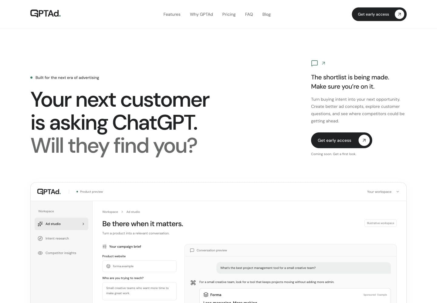 GPTAd homepage with its conversational advertising introduction and ad studio preview.