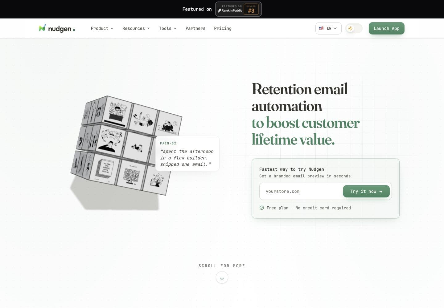 Nudgen homepage with its retention email introduction and branded email preview form.