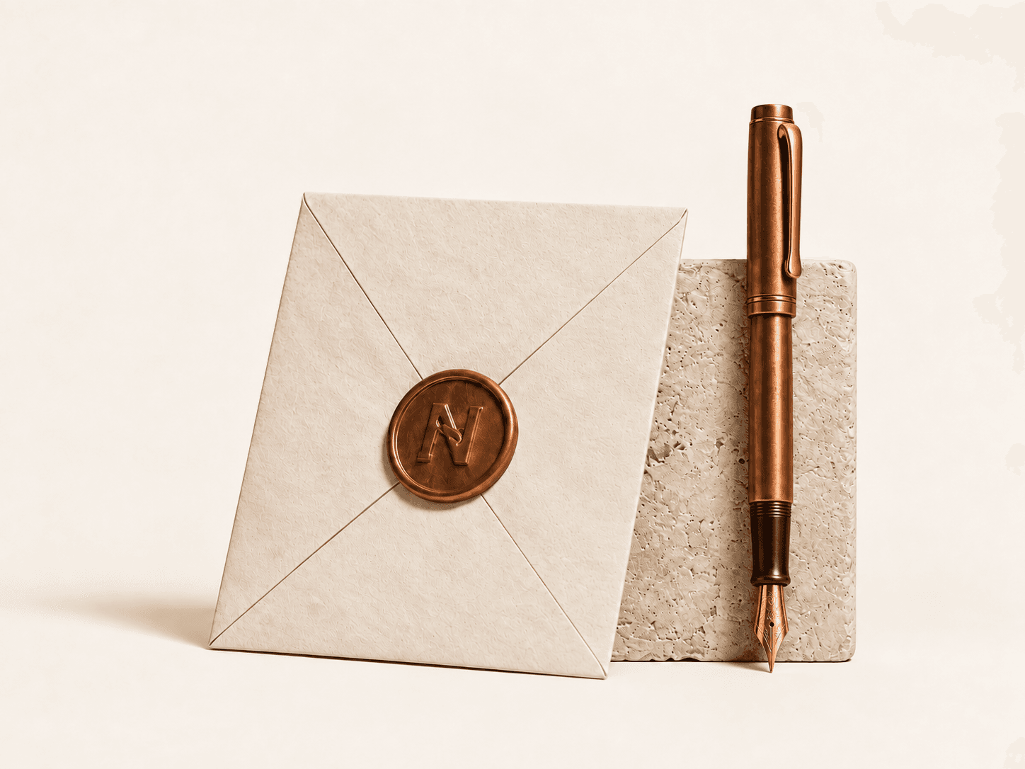 A tactile ivory envelope, copper seal, stone ledger, and copper fountain pen representing an AI agent's place on the internet.