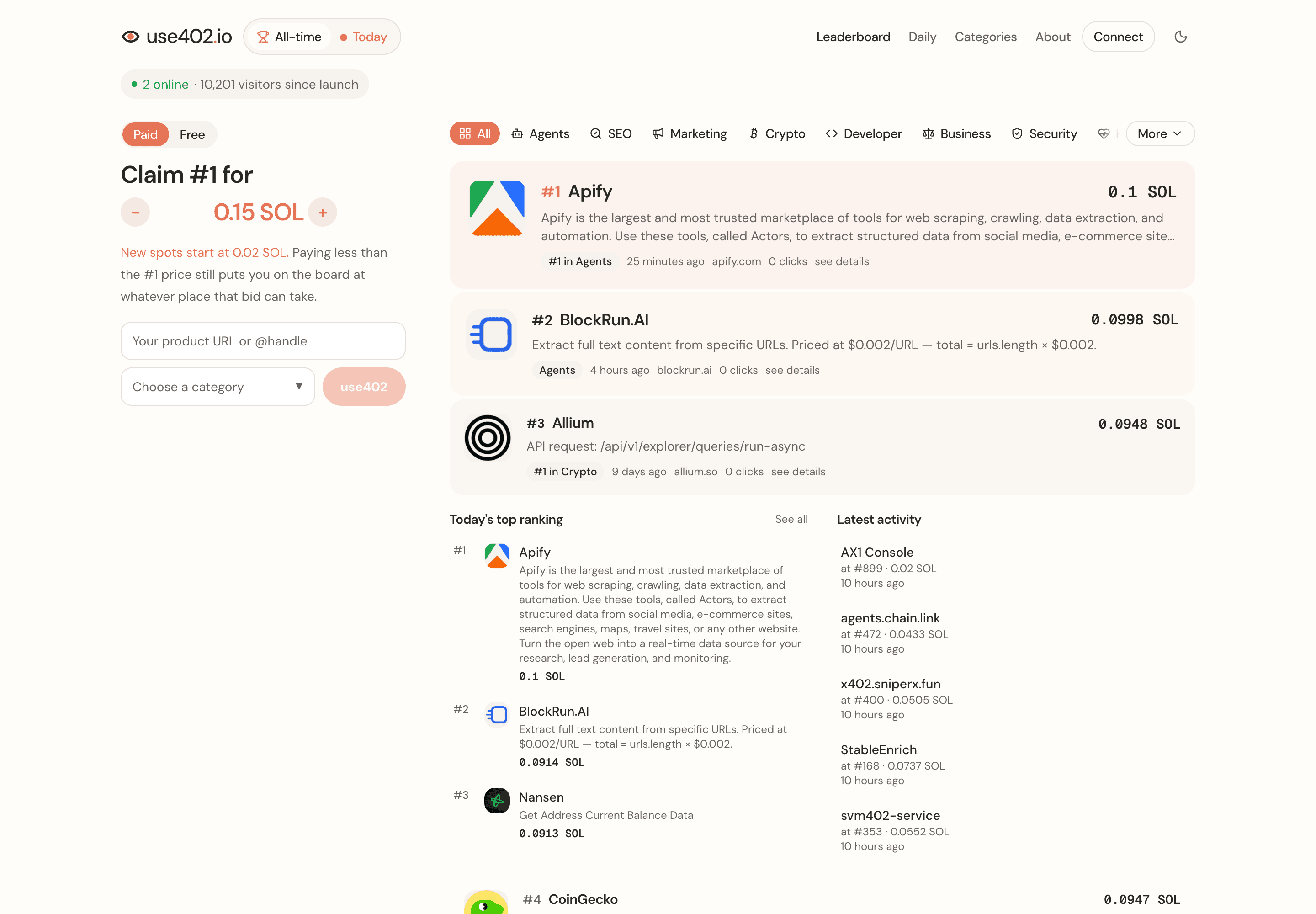 The live use402.io leaderboard showing ranked x402 products, bids in SOL, categories, and recent activity.